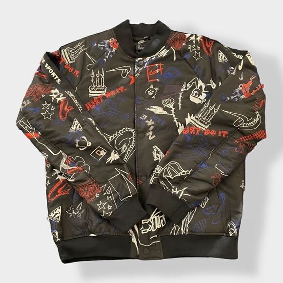 Nike Graffiti Print NSW Logo Full Zip Black Bomber Jacket Mens size Small New - Picture 1 of 12